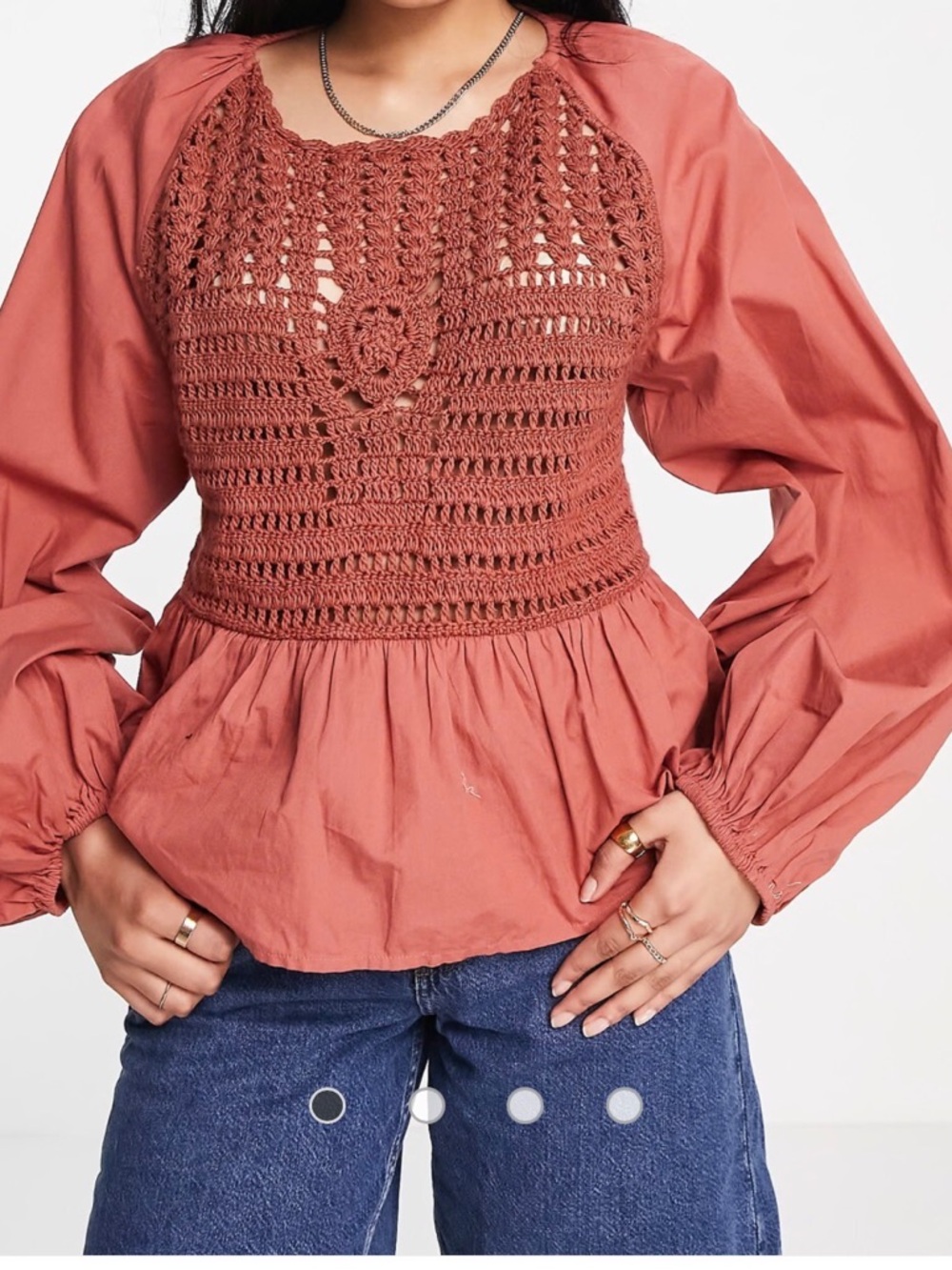 ASOS Rust Crochet Bodice Long-Sleeve Peplum Top